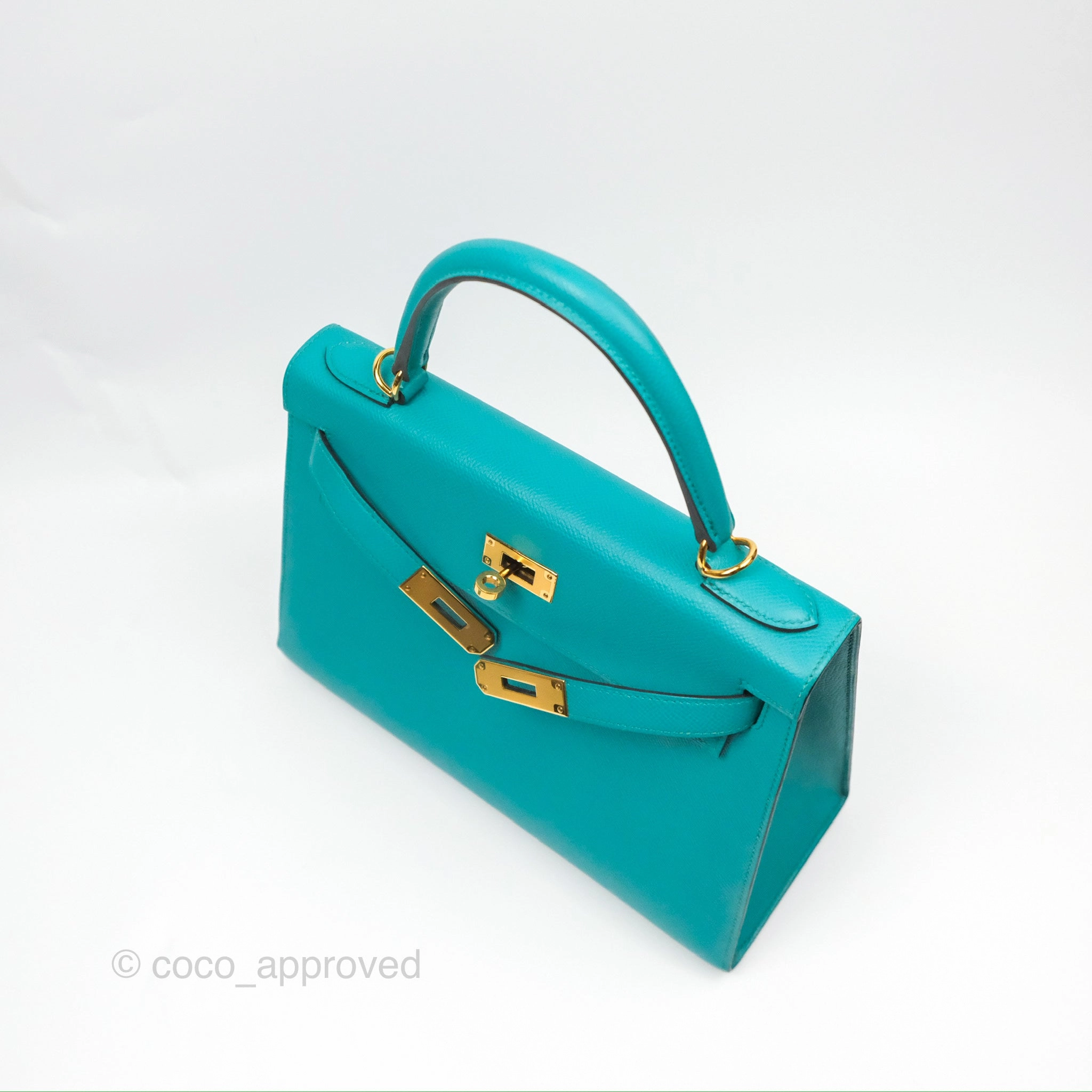 Herms Sellier Kelly 28 Bleu Paon Epsom Gold Hardware