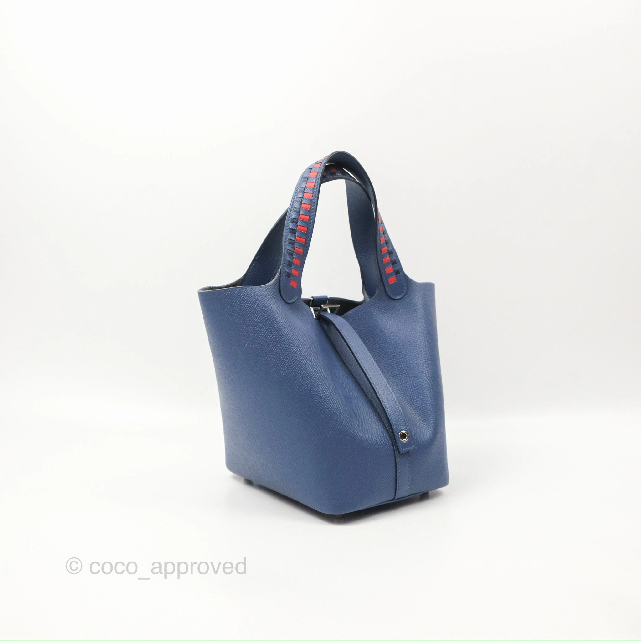 Herms Tressage De Cuir Picotin Lock 18 Bleu Encre/Brique/Black Epsom Palladium Hardware