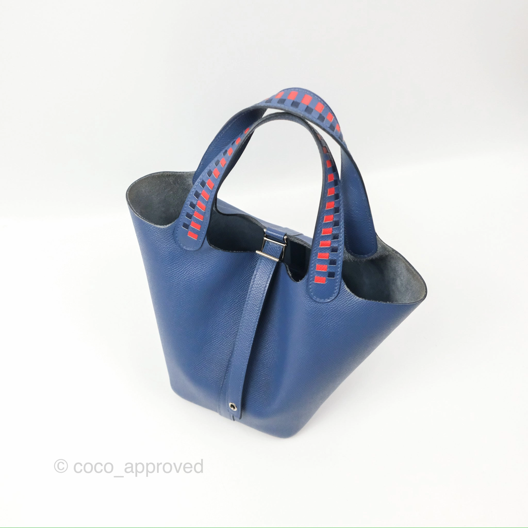 Herms Tressage De Cuir Picotin Lock 18 Bleu Encre/Brique/Black Epsom Palladium Hardware