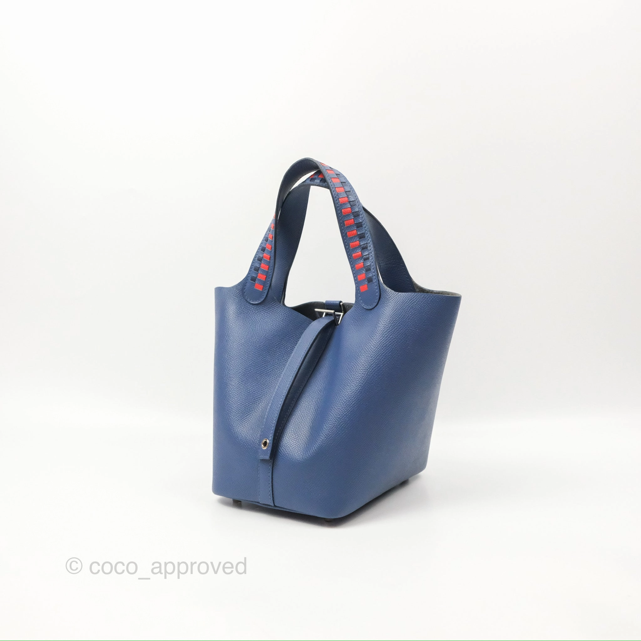Herms Tressage De Cuir Picotin Lock 18 Bleu Encre/Brique/Black Epsom Palladium Hardware