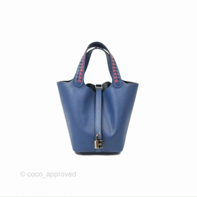 Herms Tressage De Cuir Picotin Lock 18 Bleu Encre/Brique/Black Epsom Palladium Hardware