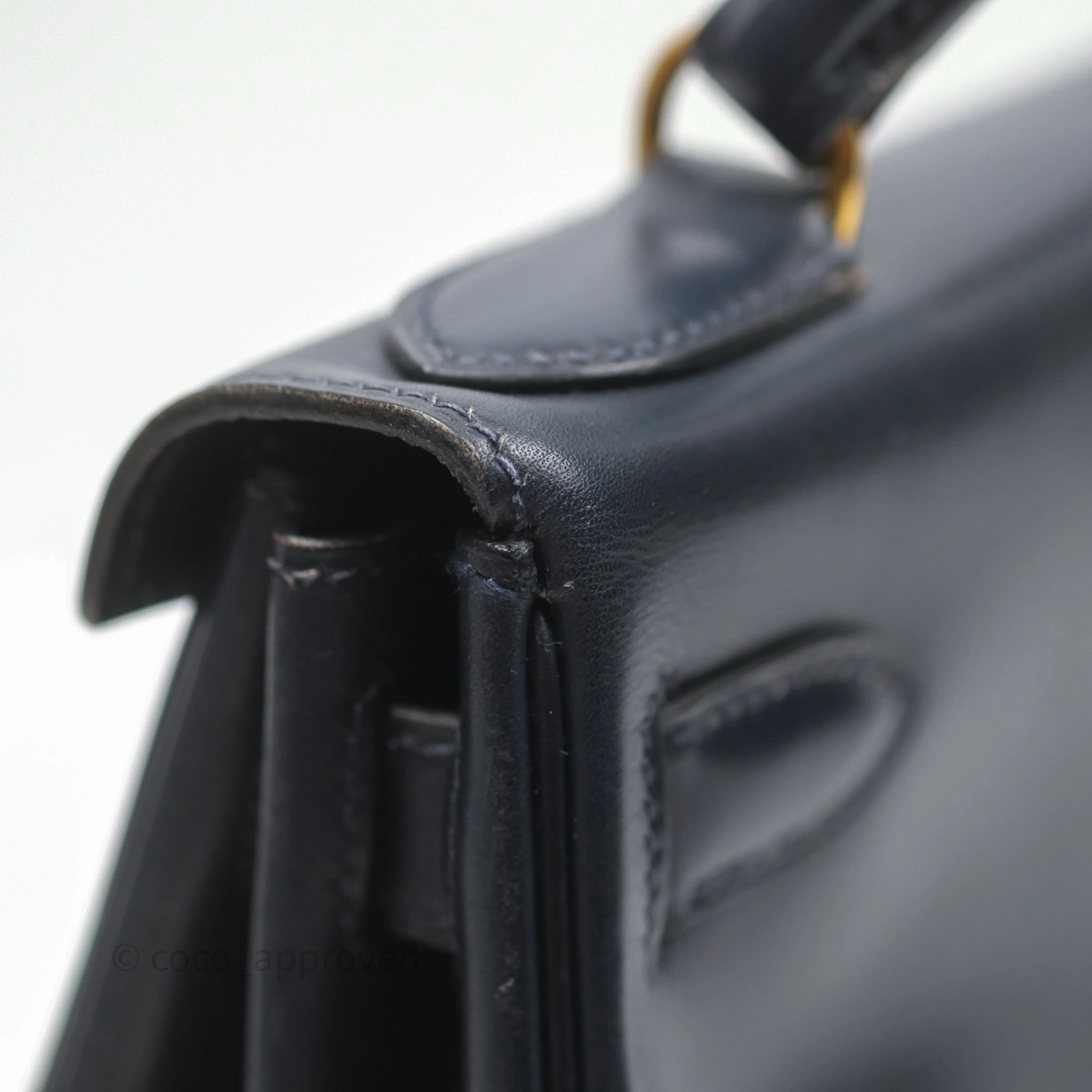 Herms Vintage Kelly 28 Retourn Navy Box Leather Gold Hardware