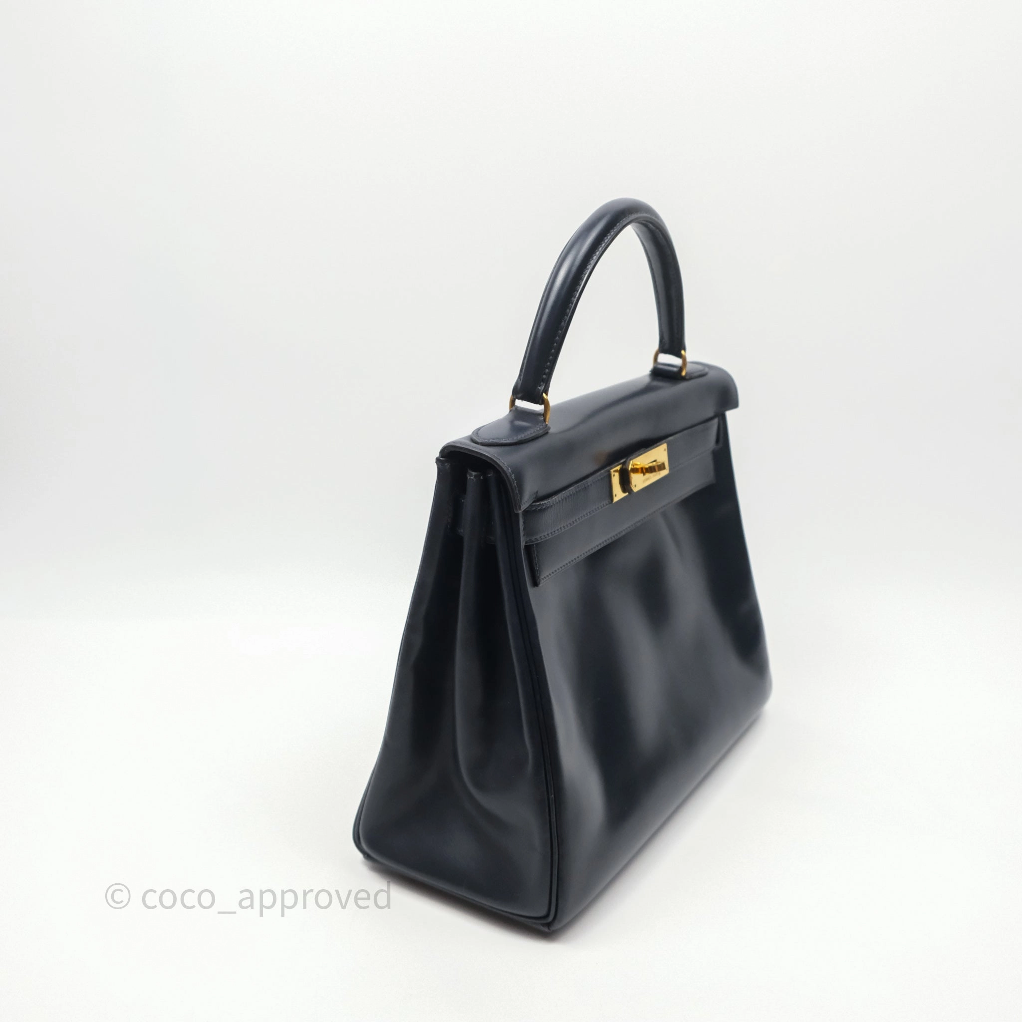 Herms Vintage Kelly 28 Retourn Navy Box Leather Gold Hardware