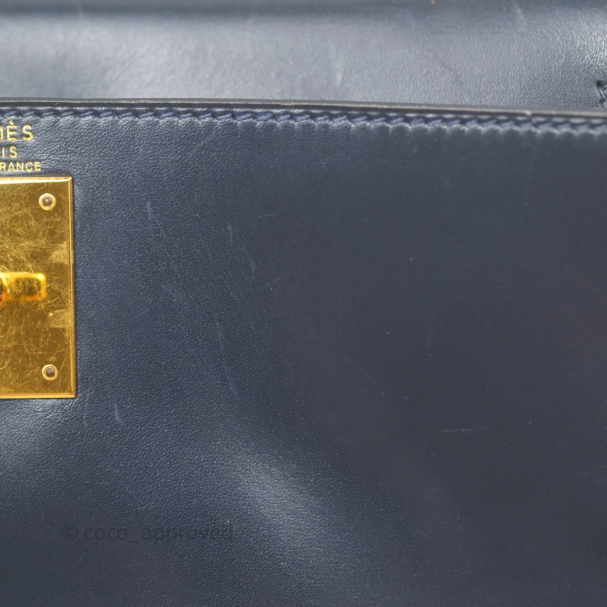 Herms Vintage Kelly 28 Retourn Navy Box Leather Gold Hardware