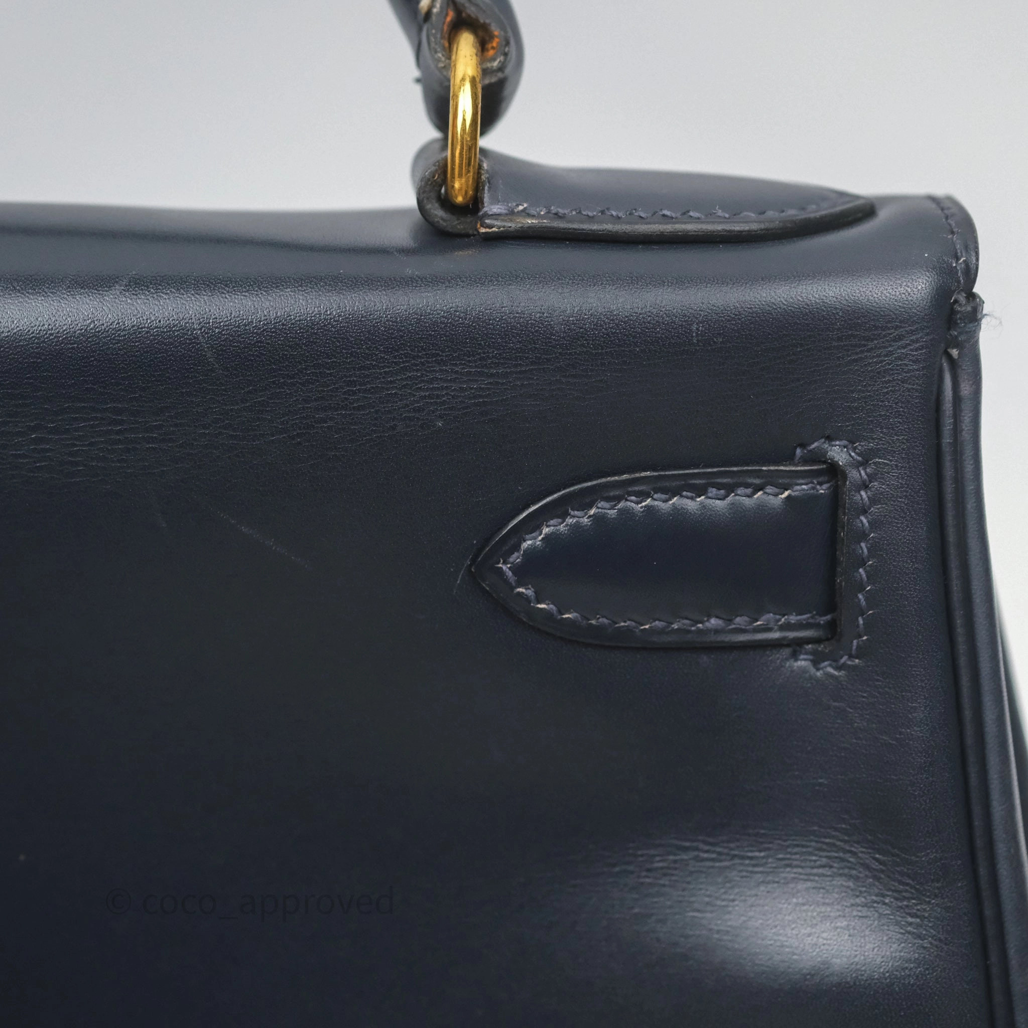 Herms Vintage Kelly 28 Retourn Navy Box Leather Gold Hardware