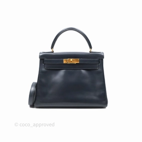 Herms Vintage Kelly 28 Retourn Navy Box Leather Gold Hardware