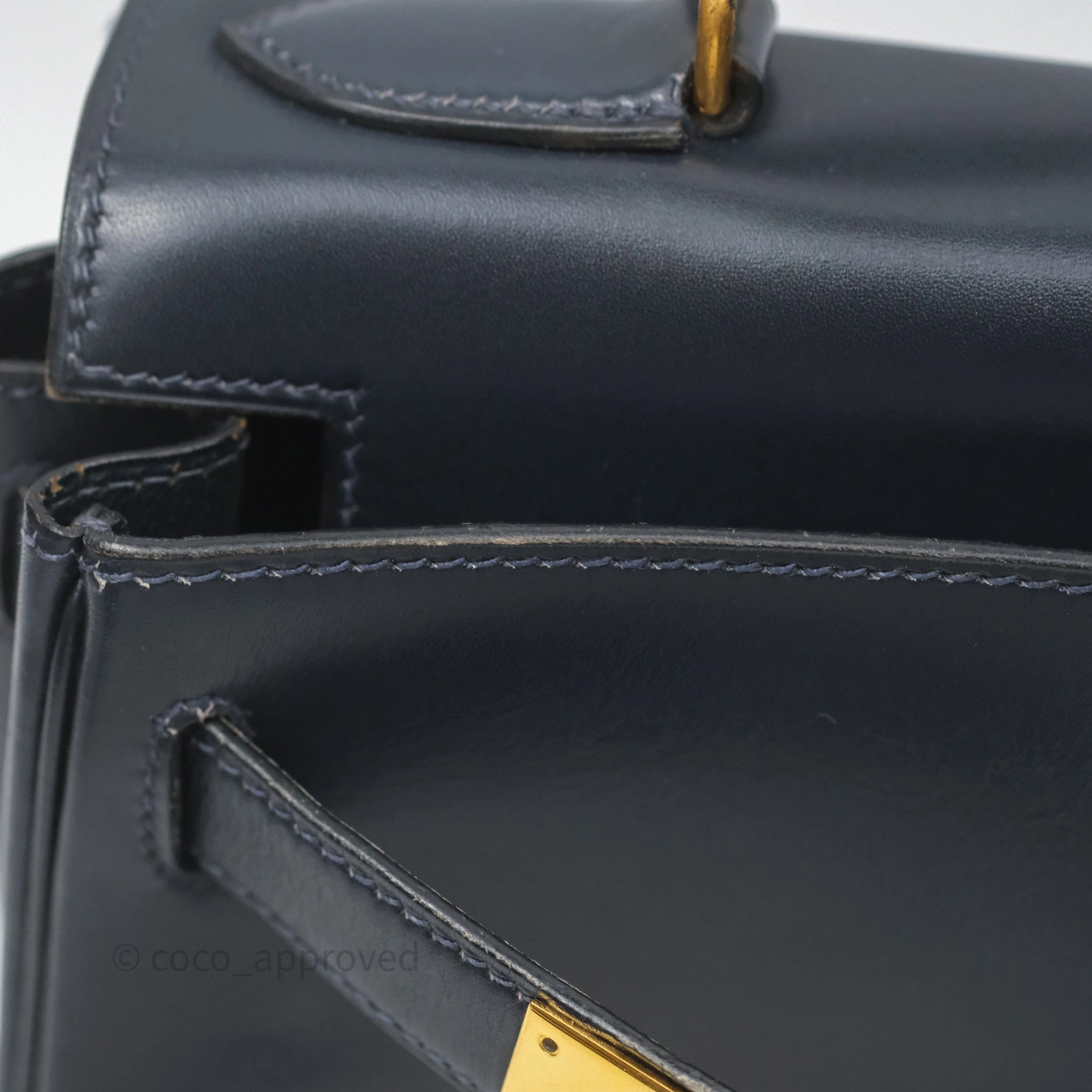 Herms Vintage Kelly 28 Retourn Navy Box Leather Gold Hardware
