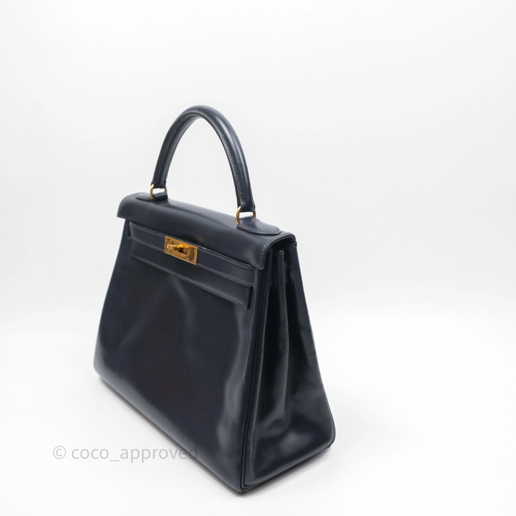 Herms Vintage Kelly 28 Retourn Navy Box Leather Gold Hardware