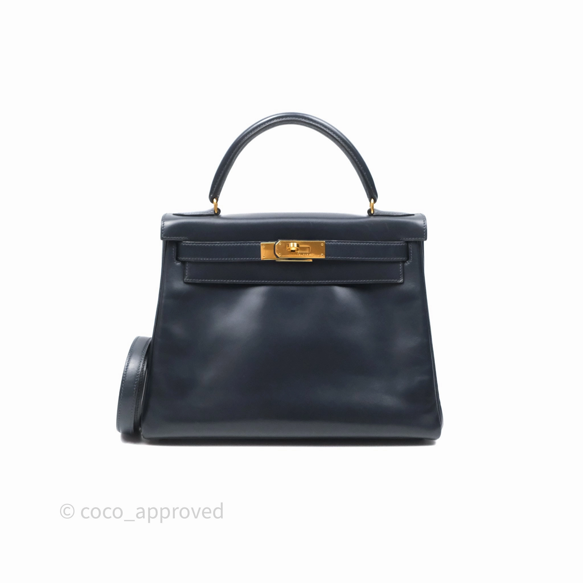 Herms Vintage Kelly 28 Retourn Navy Box Leather Gold Hardware