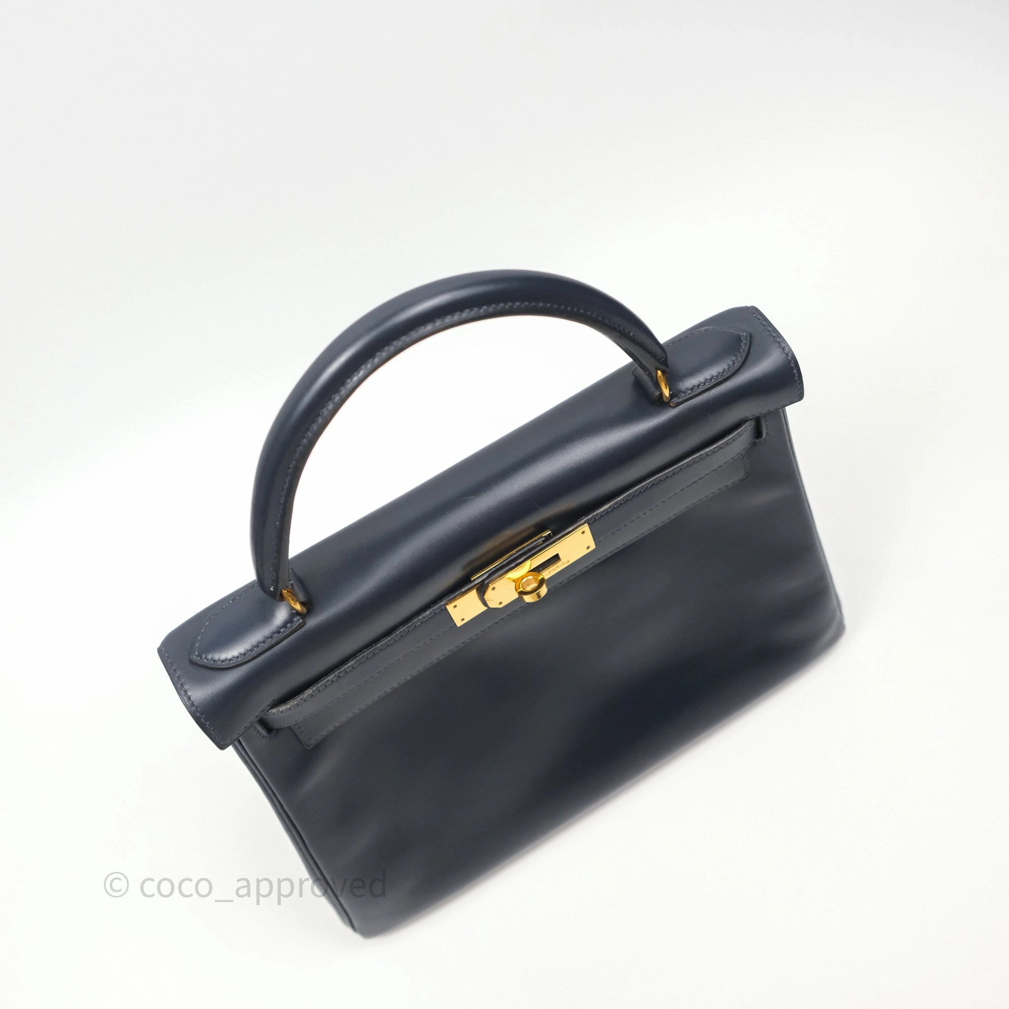 Herms Vintage Kelly 28 Retourn Navy Box Leather Gold Hardware
