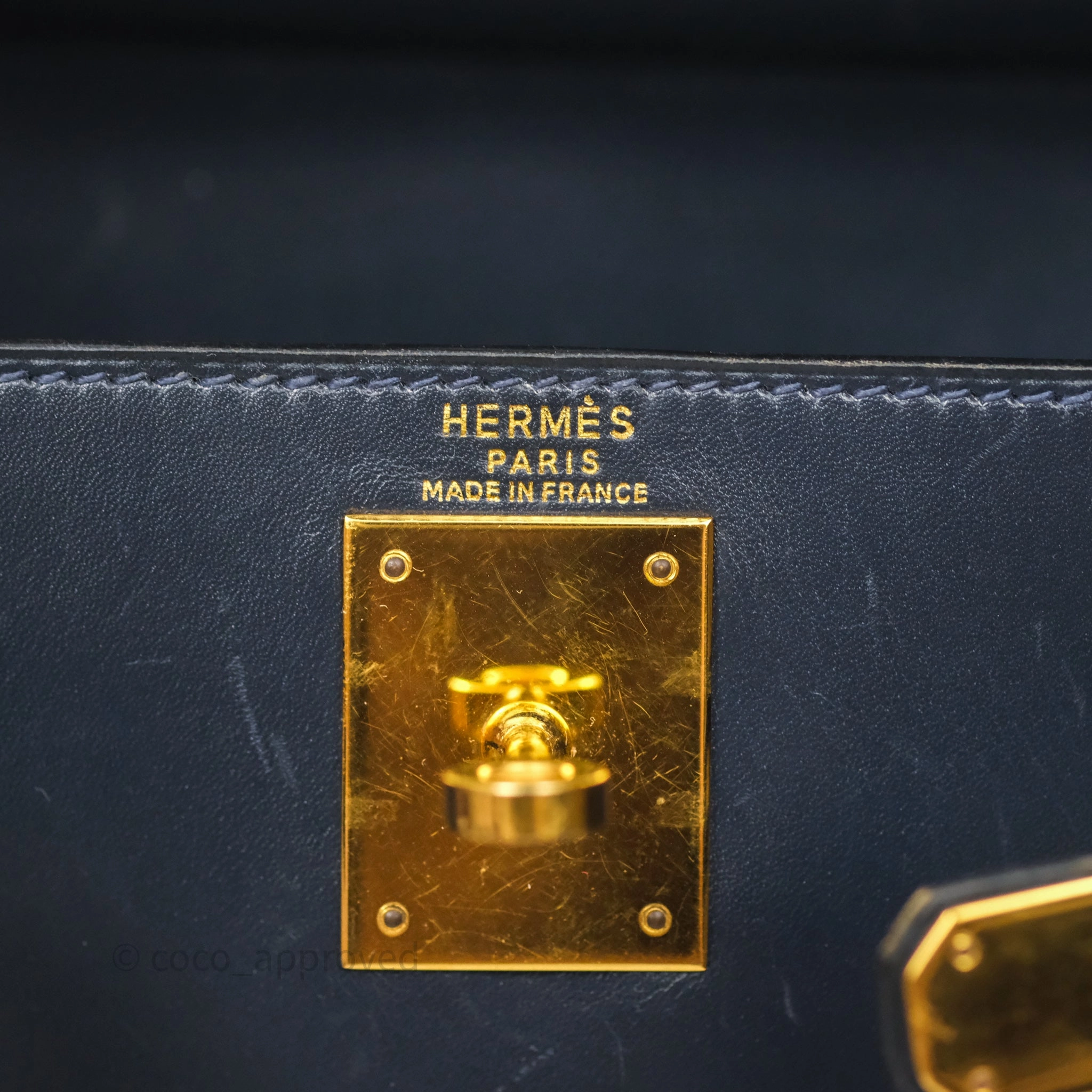 Herms Vintage Kelly 28 Retourn Navy Box Leather Gold Hardware