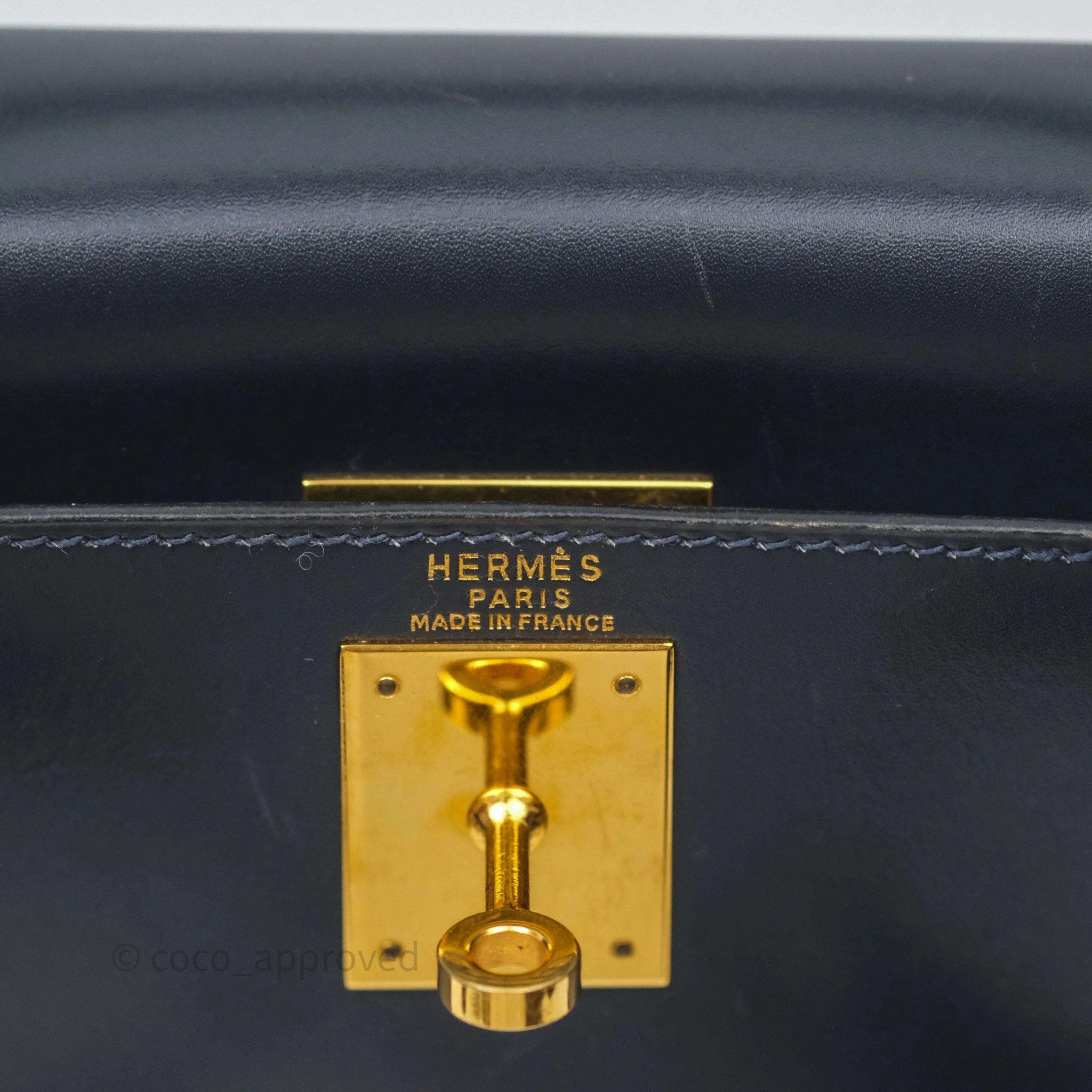 Herms Vintage Kelly 28 Retourn Navy Box Leather Gold Hardware