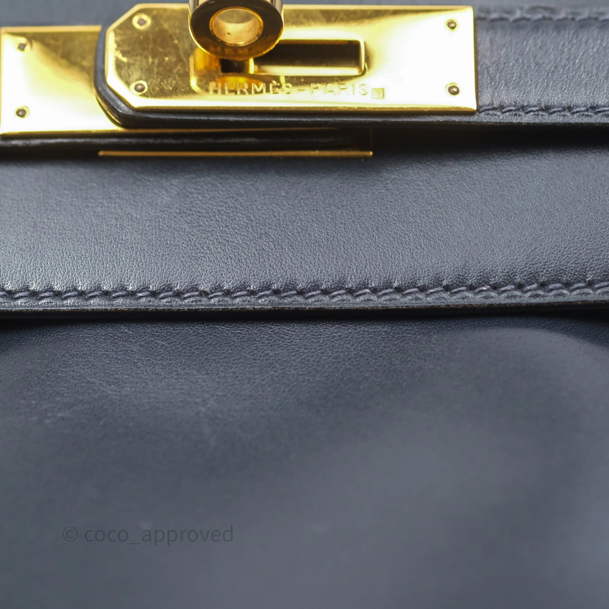 Herms Vintage Kelly 28 Retourn Navy Box Leather Gold Hardware