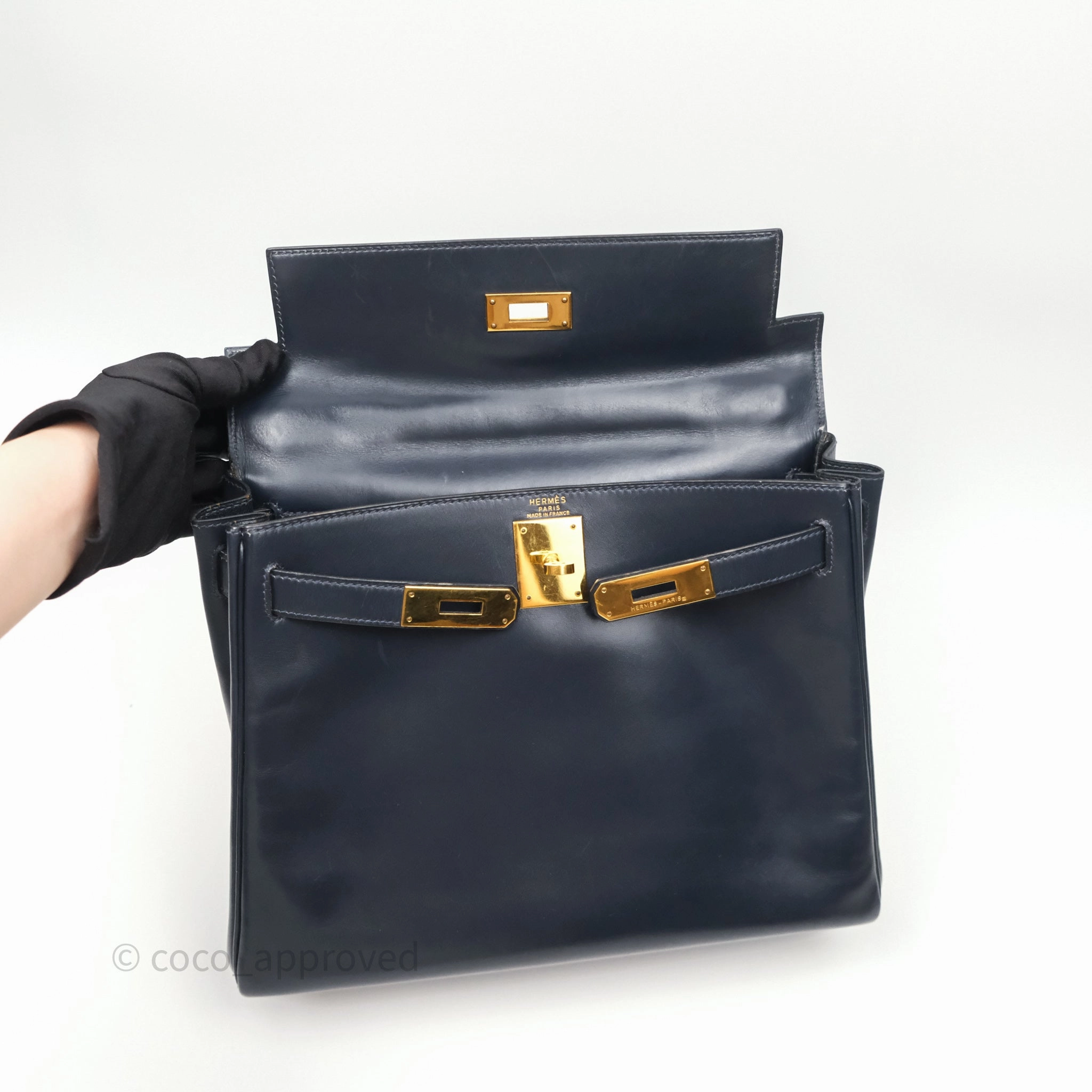 Herms Vintage Kelly 28 Retourn Navy Box Leather Gold Hardware