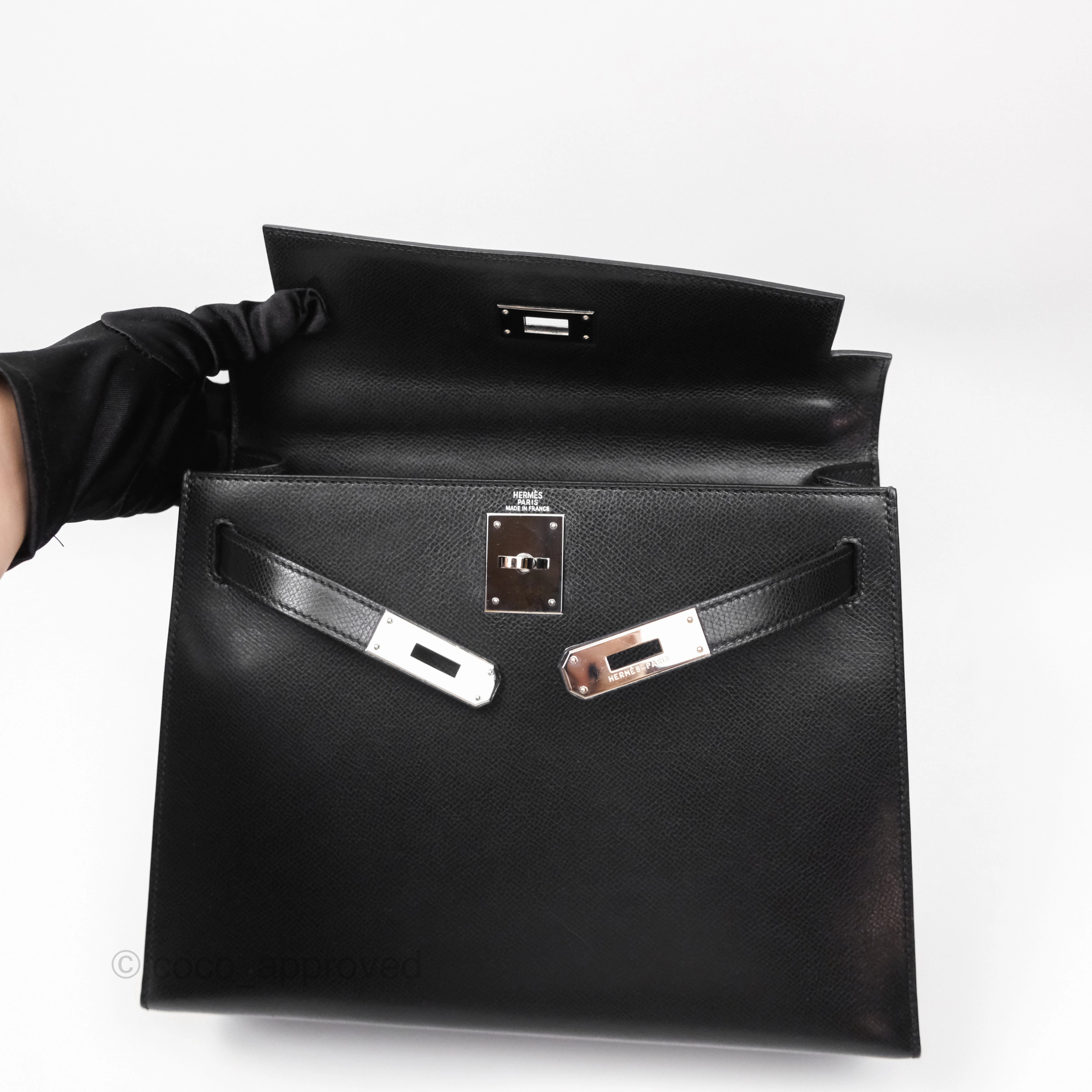 Herms Vintage Kelly 28 Sellier Noir 89 Courchevel Palladium Hardware