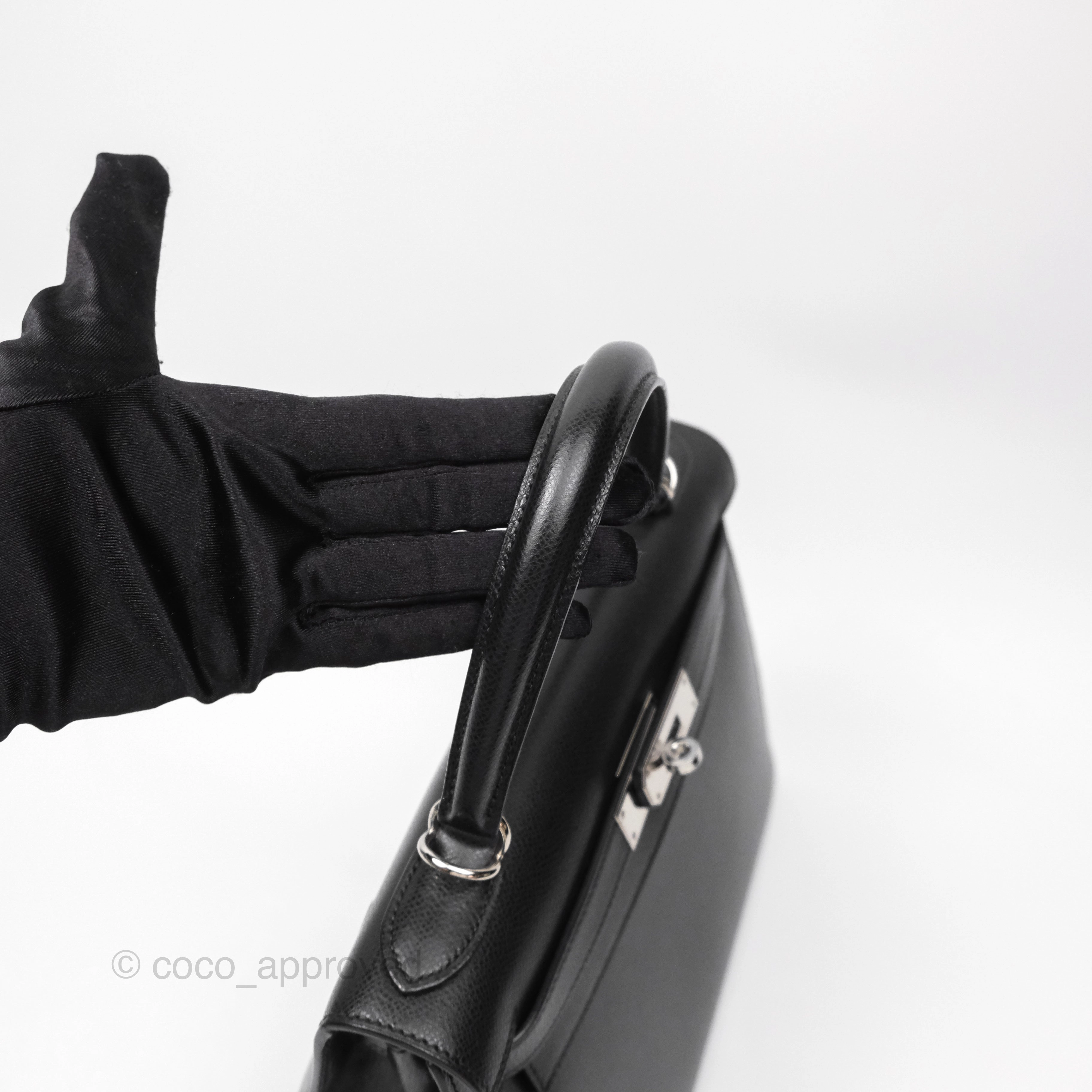 Herms Vintage Kelly 28 Sellier Noir 89 Courchevel Palladium Hardware
