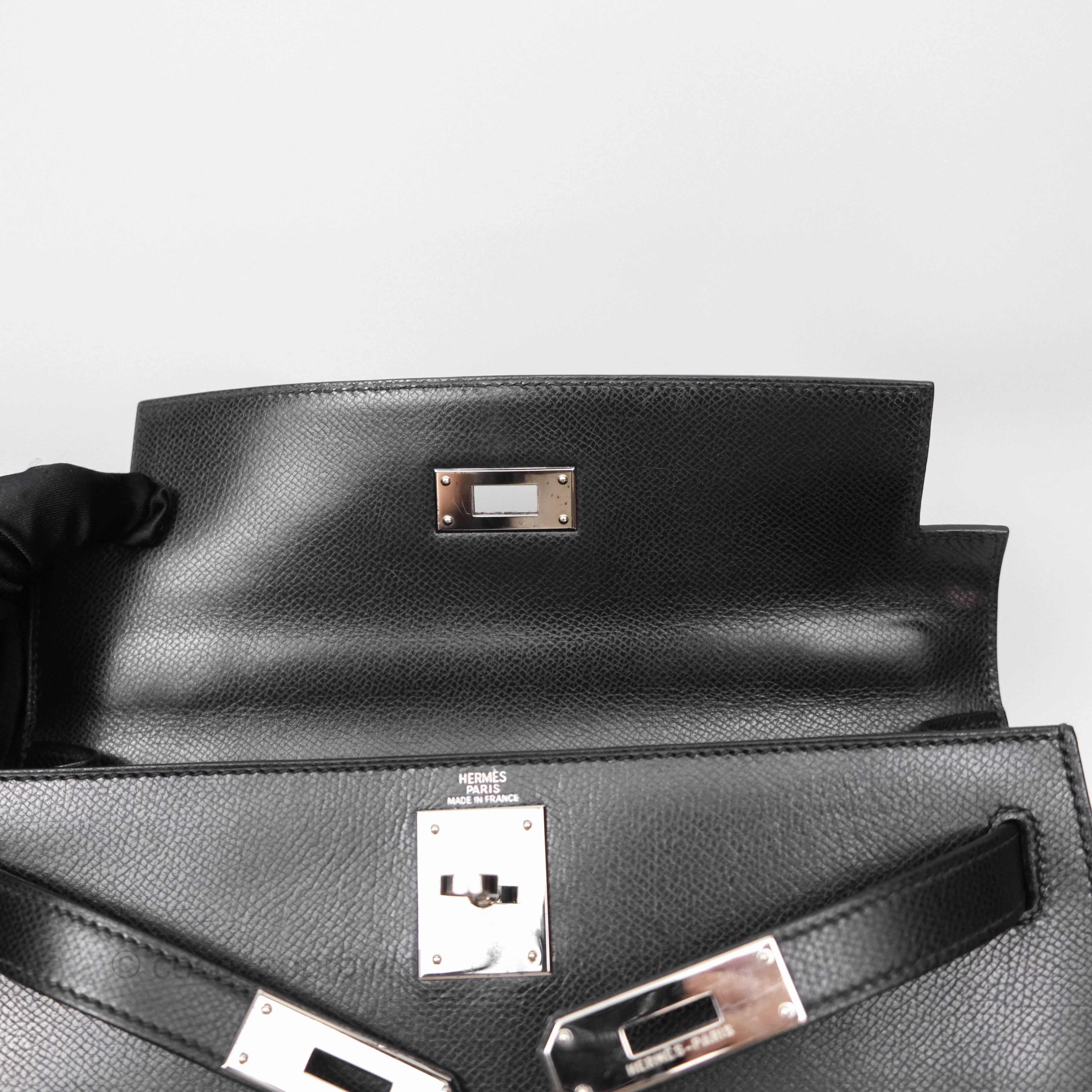 Herms Vintage Kelly 28 Sellier Noir 89 Courchevel Palladium Hardware