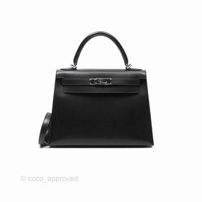 Herms Vintage Kelly 28 Sellier Noir 89 Courchevel Palladium Hardware