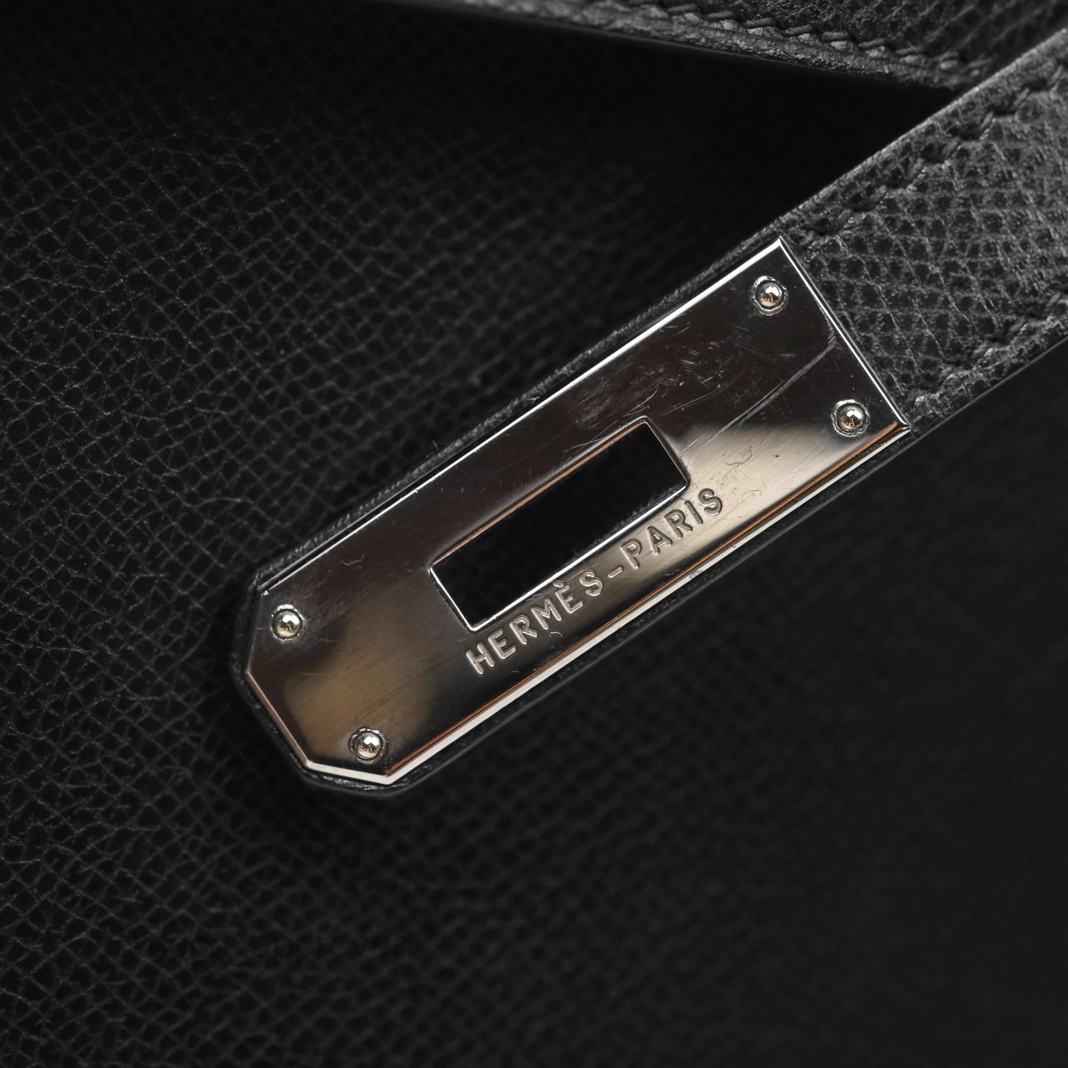 Herms Vintage Kelly 28 Sellier Noir 89 Courchevel Palladium Hardware