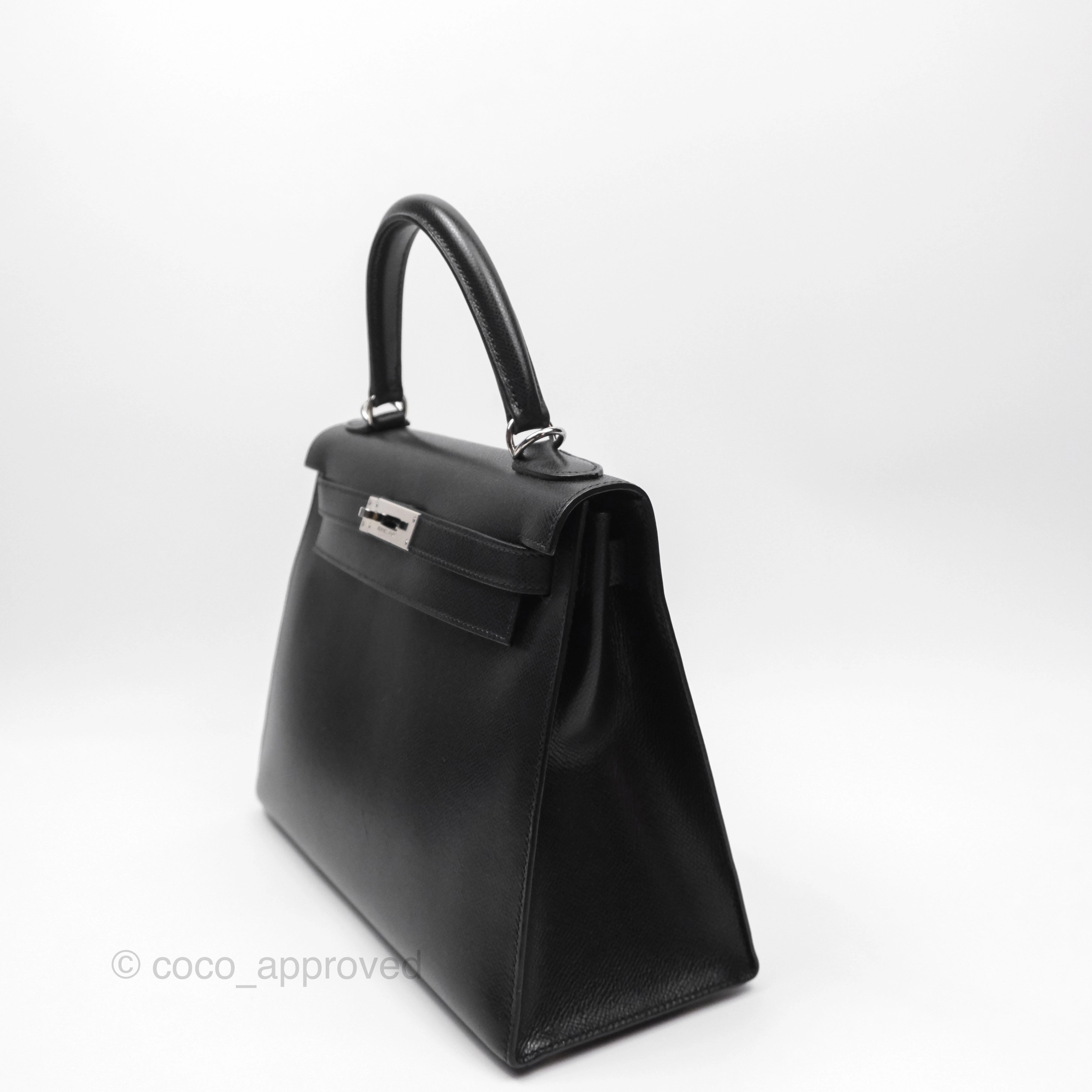 Herms Vintage Kelly 28 Sellier Noir 89 Courchevel Palladium Hardware