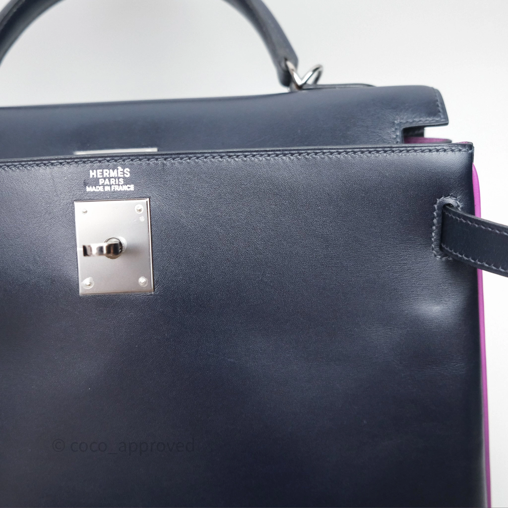 Herms Vintage Kelly 32 Retourn Navy/Purple Box Leather Palladium Hardware