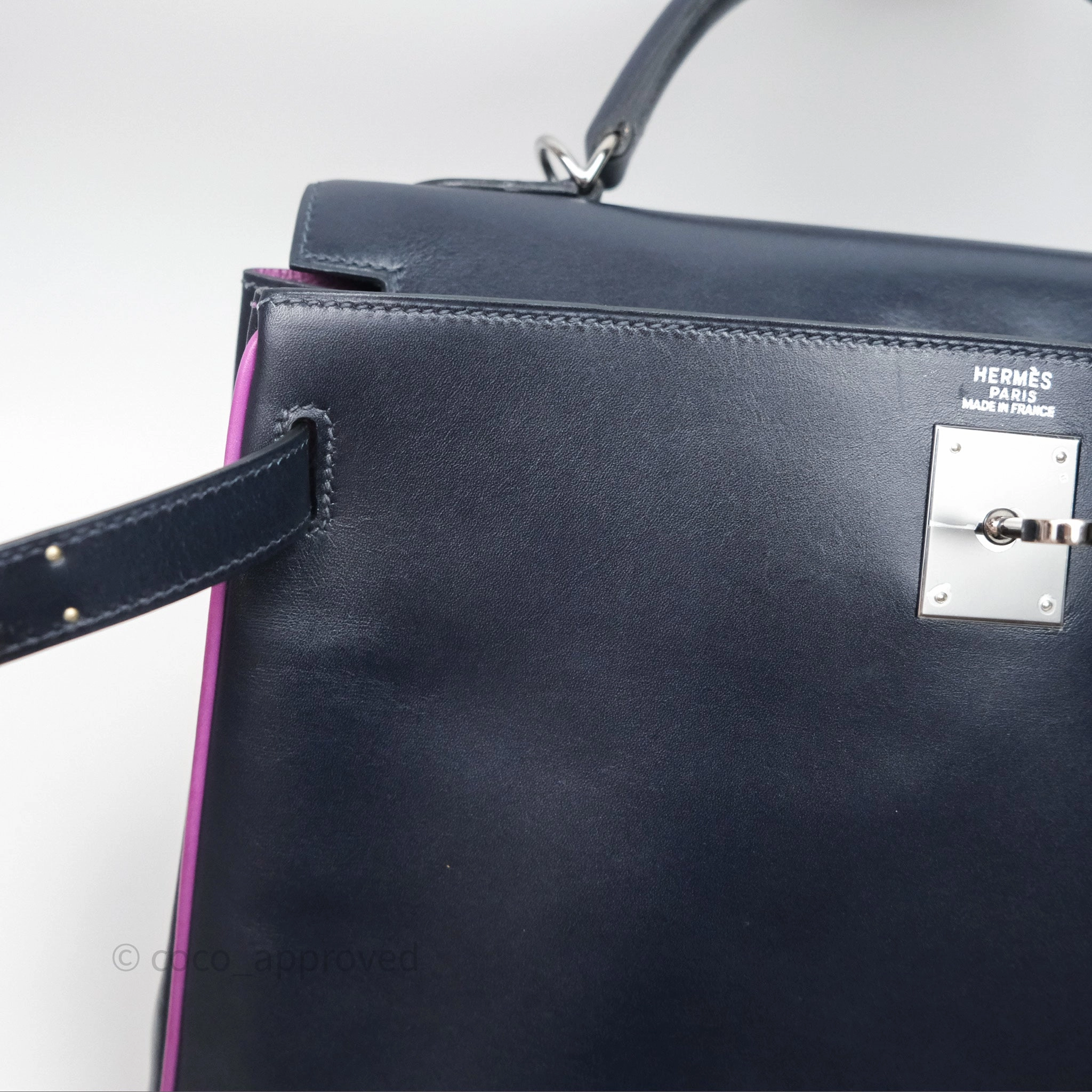 Herms Vintage Kelly 32 Retourn Navy/Purple Box Leather Palladium Hardware