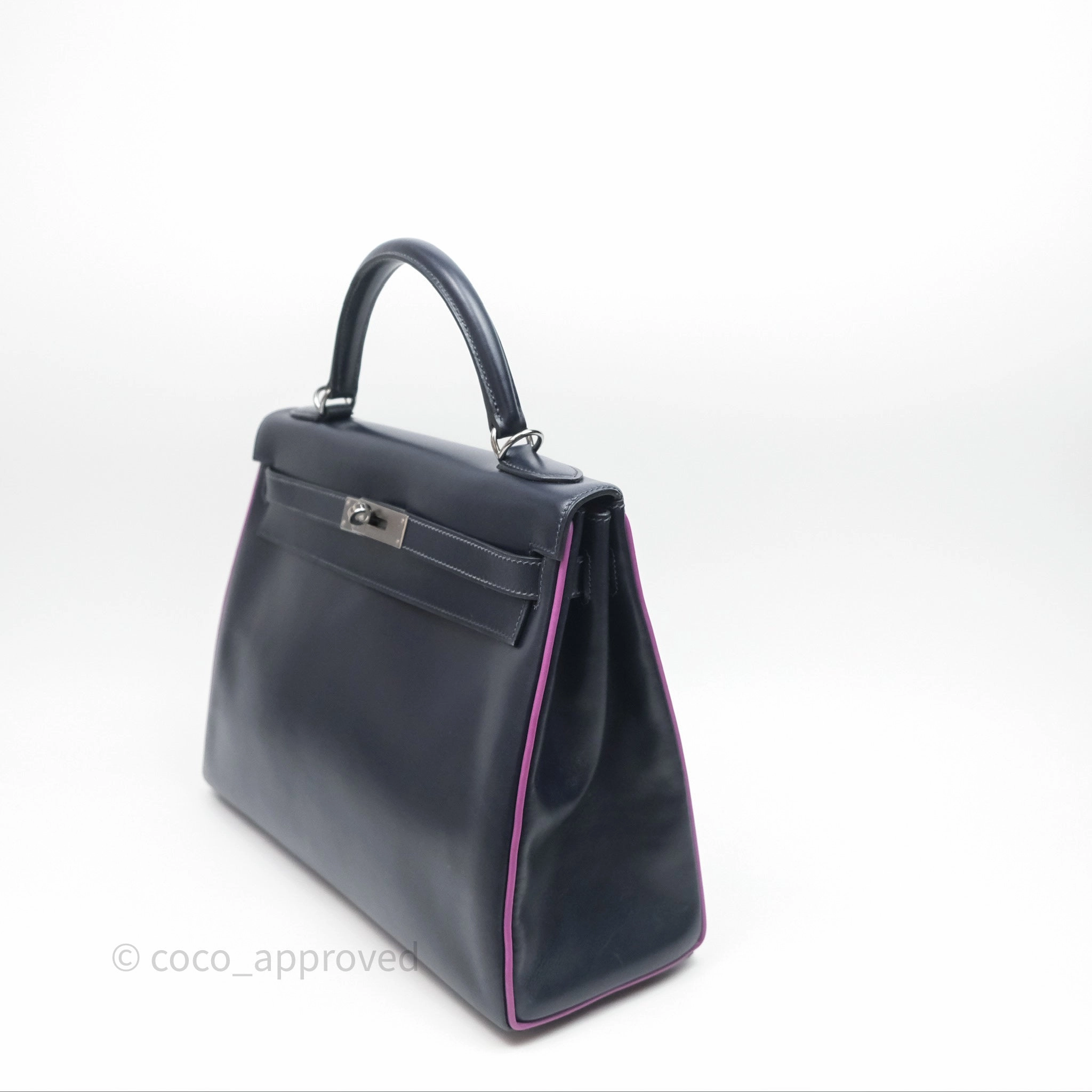 Herms Vintage Kelly 32 Retourn Navy/Purple Box Leather Palladium Hardware