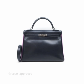 Herms Vintage Kelly 32 Retourn Navy/Purple Box Leather Palladium Hardware