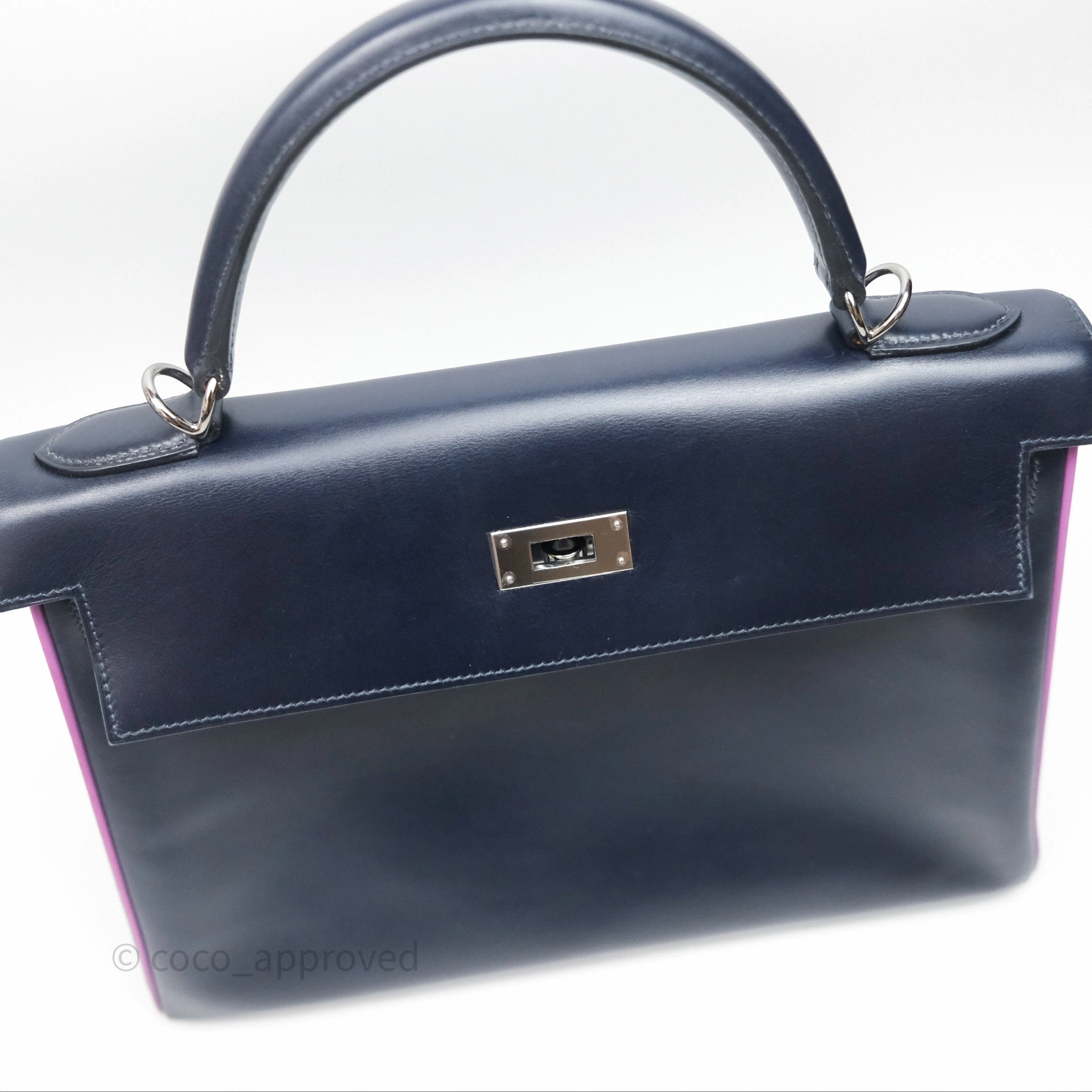 Herms Vintage Kelly 32 Retourn Navy/Purple Box Leather Palladium Hardware