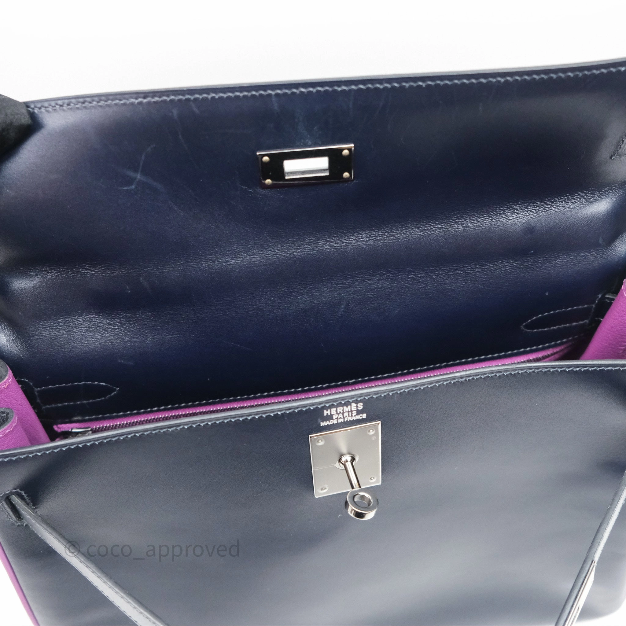Herms Vintage Kelly 32 Retourn Navy/Purple Box Leather Palladium Hardware