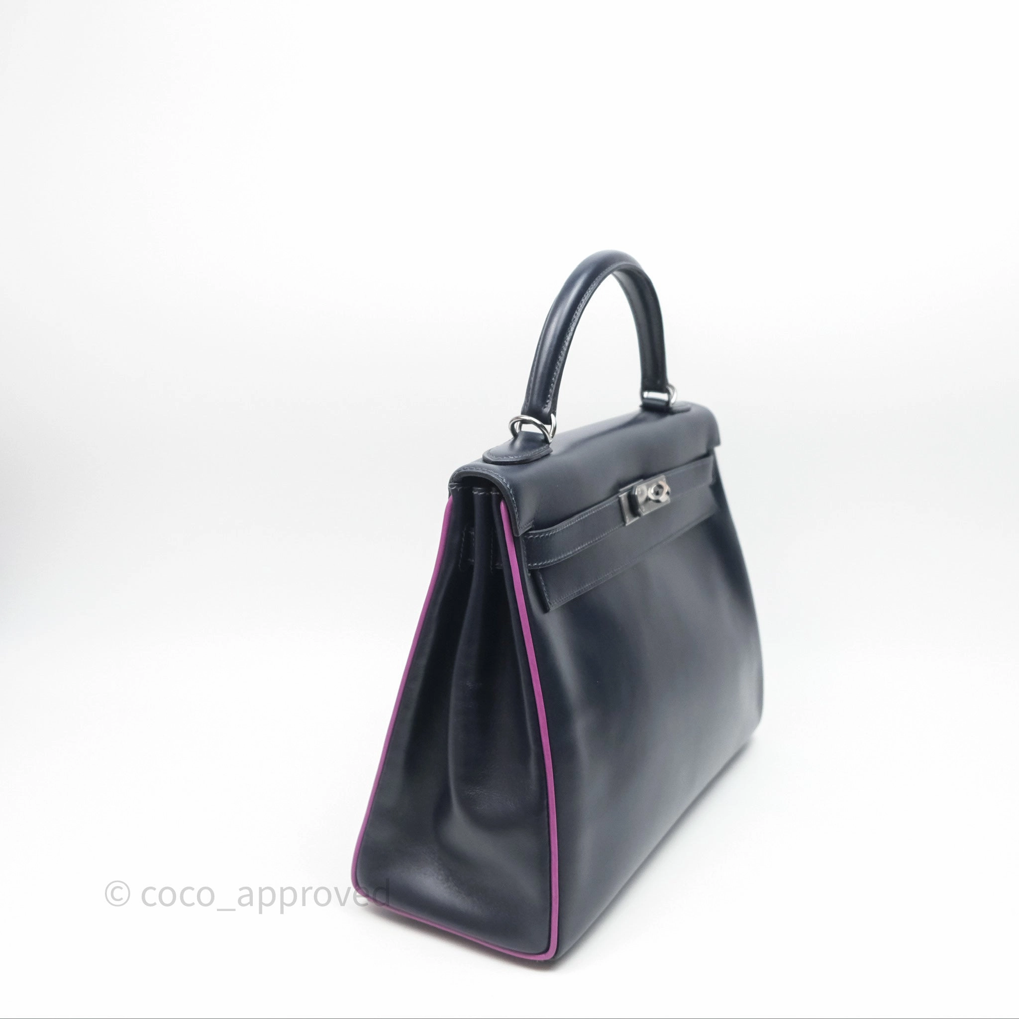 Herms Vintage Kelly 32 Retourn Navy/Purple Box Leather Palladium Hardware
