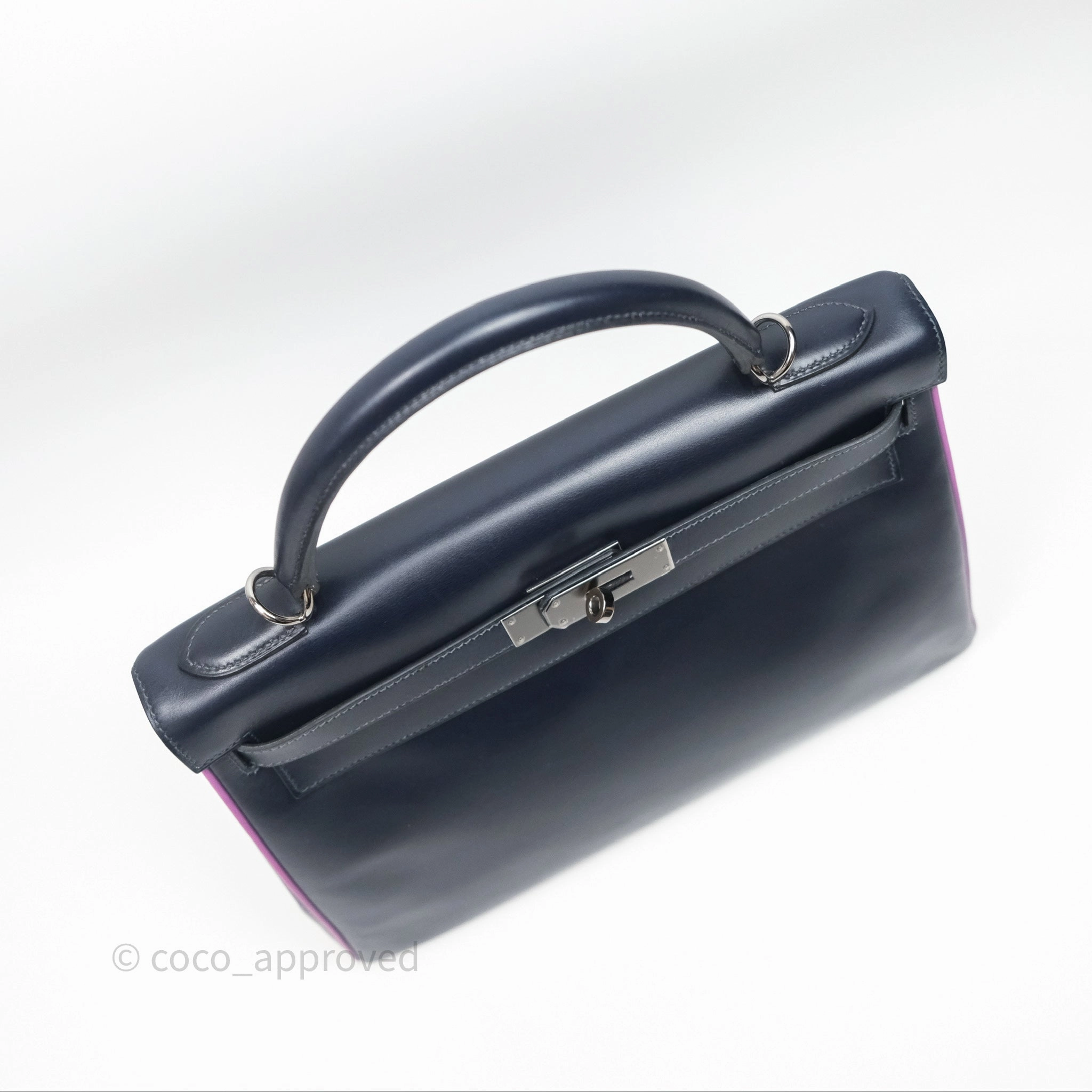 Herms Vintage Kelly 32 Retourn Navy/Purple Box Leather Palladium Hardware